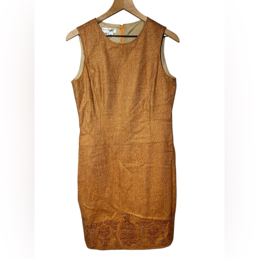 Kay Unger Wool Burnt Orange Jacquard Embroidered Lined Shift Dress Sz 10